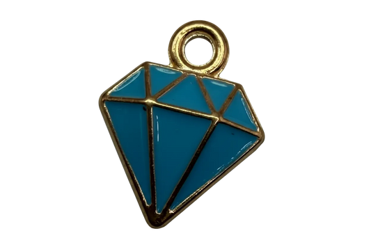 Teal blue faceted diamond icon charm with gold outline and glossy enamel finish