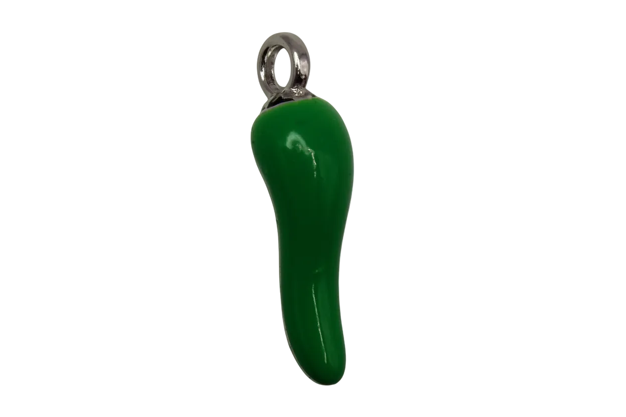 Glossy green chili pepper charm with silver detailing on black background
