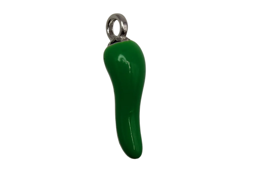 Glossy green chili pepper charm with silver detailing on black background