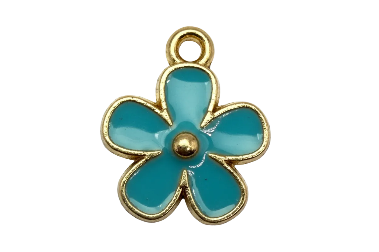 Glossy teal five-petal flower charm with gold outline and center bead