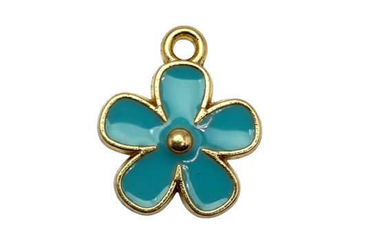 Glossy teal five-petal flower charm with gold outline and center bead