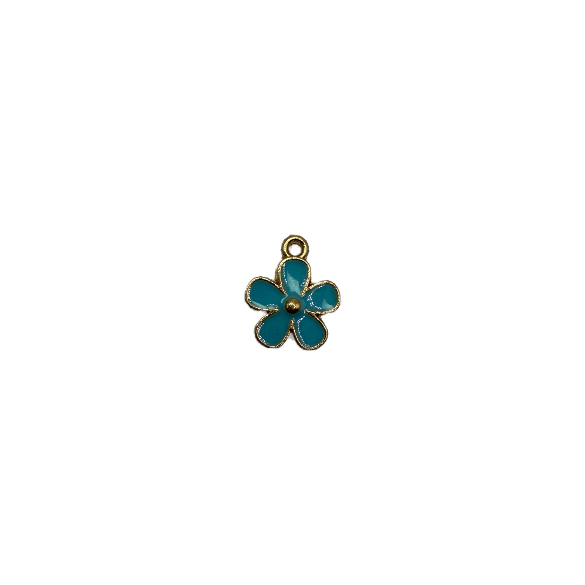 Teal five-petal flower with gold outline and center bead