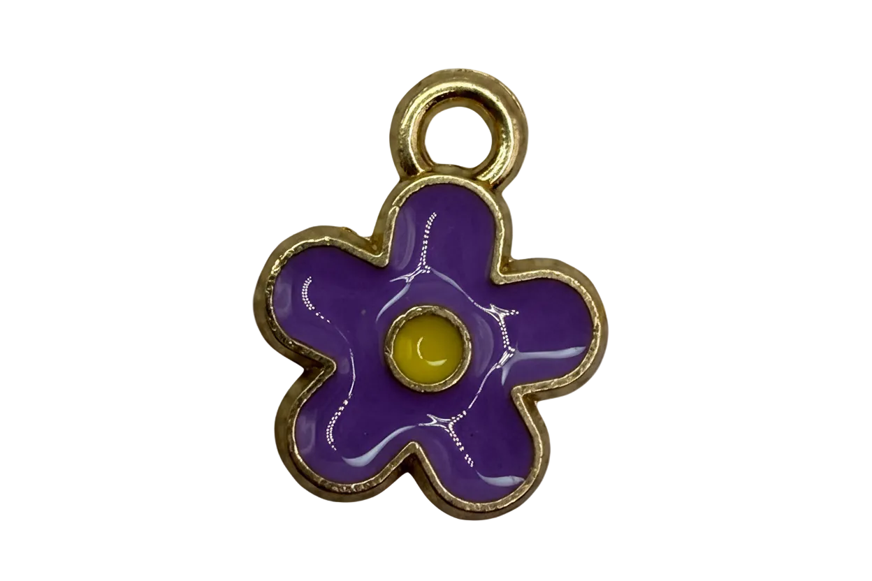 Gold-edged purple enamel flower with yellow center