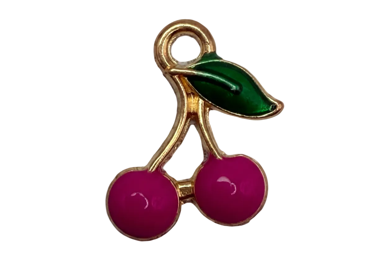Gold cherry cluster with glossy fuchsia enamel cherries and a dark green leaf