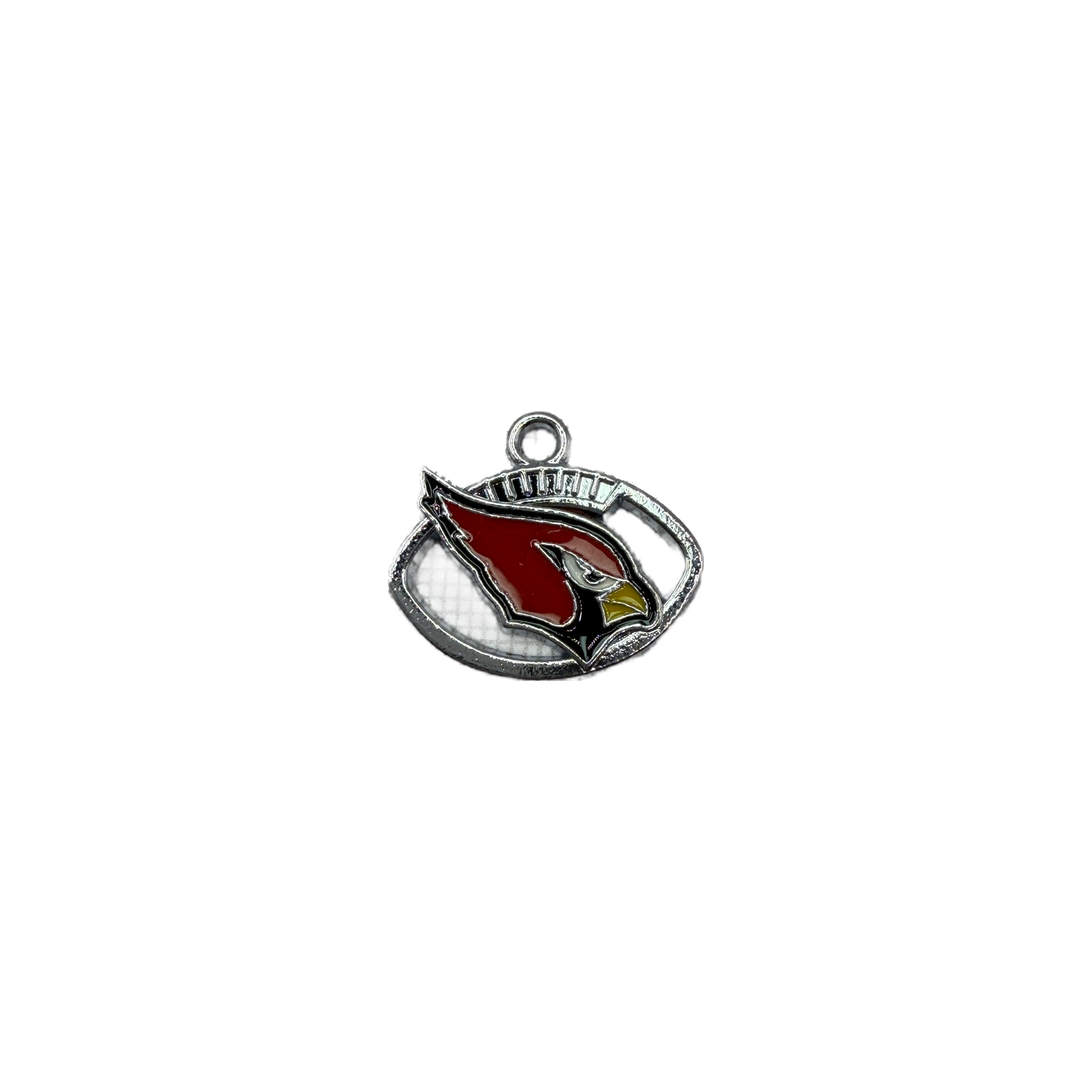 Silver-tone plaque with red bird head and yellow beak