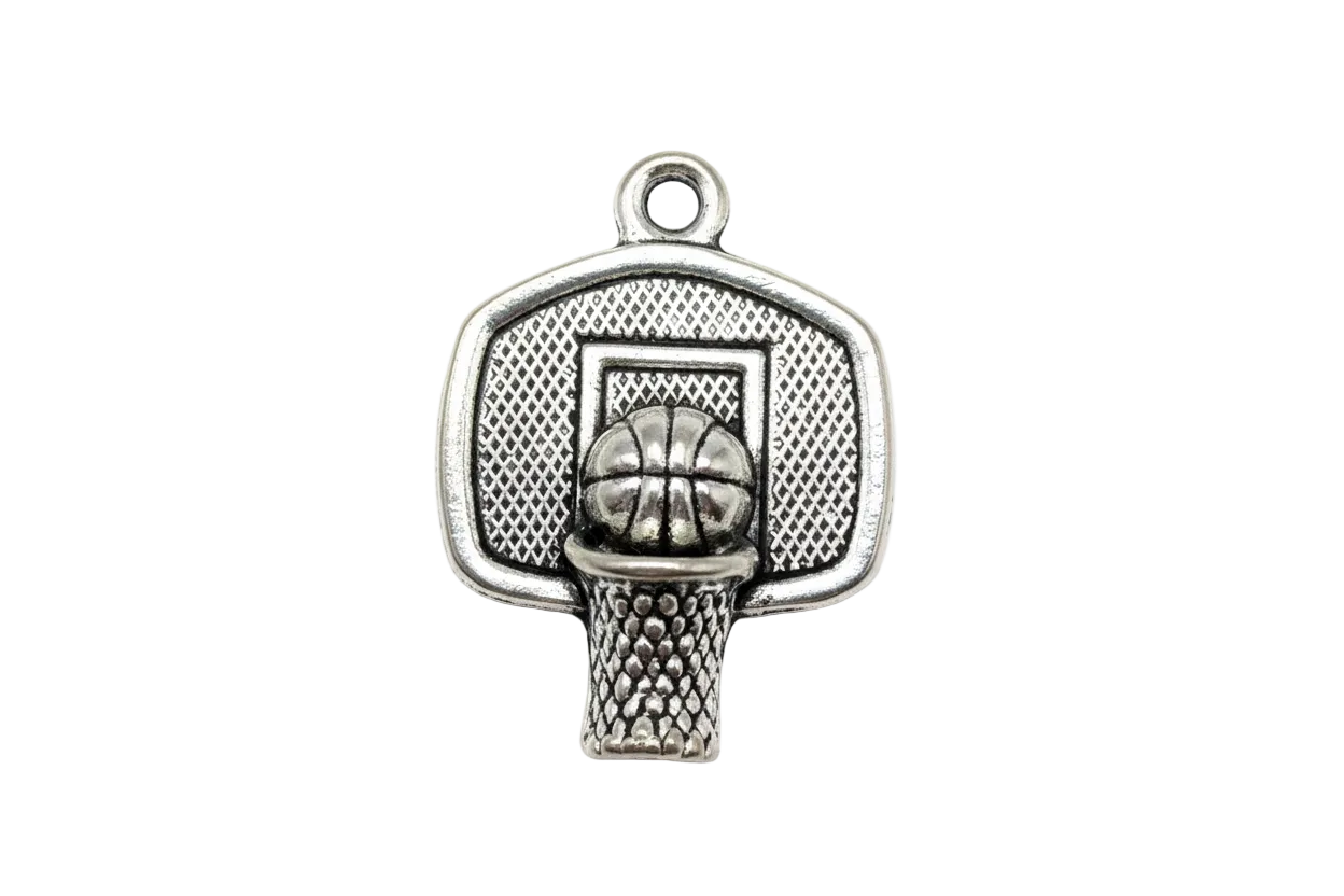 Oxidized silver basketball hoop backboard charm with ball and net detail