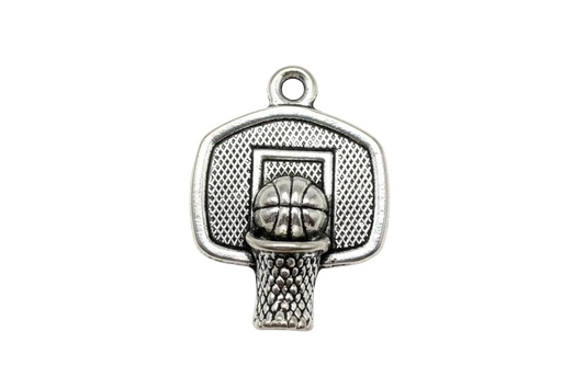 Oxidized silver basketball hoop backboard charm with ball and net detail