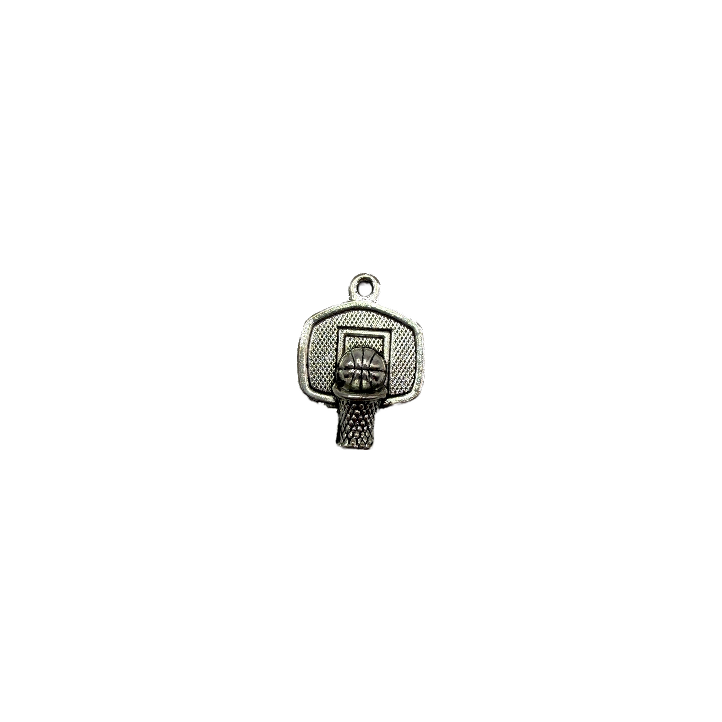 Silver basketball hoop backboard with ball and net detail