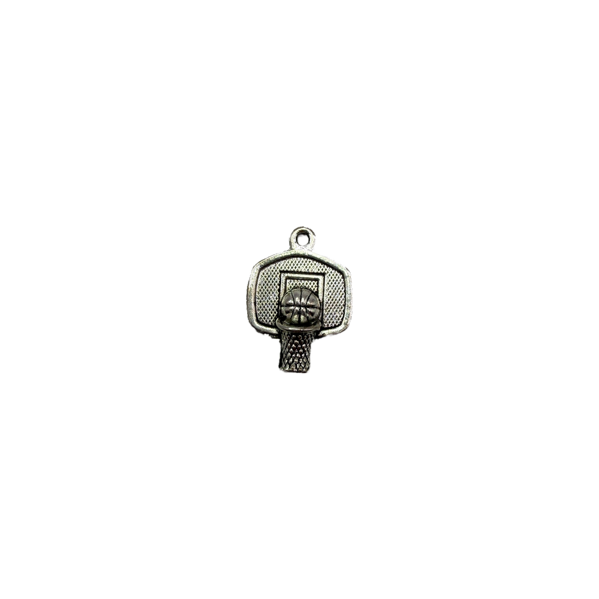 Silver basketball hoop backboard with ball and net detail