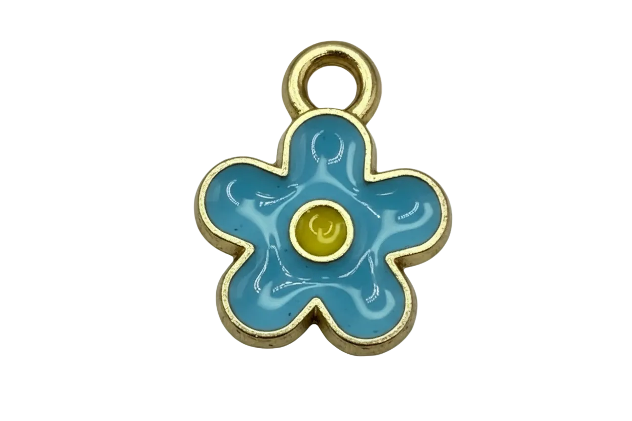 Glossy blue daisy flower charm with yellow center and gold outline