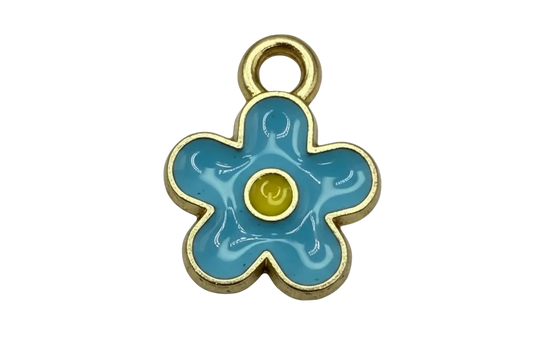 Glossy blue daisy flower charm with yellow center and gold outline