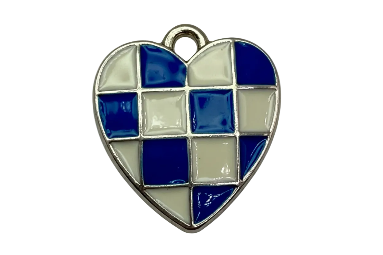 Silver-tone heart with glossy cobalt blue and ivory checkerboard enamel pattern