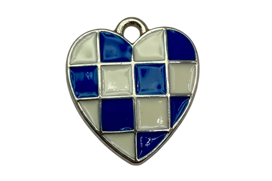 Silver-tone heart with glossy cobalt blue and ivory checkerboard enamel pattern