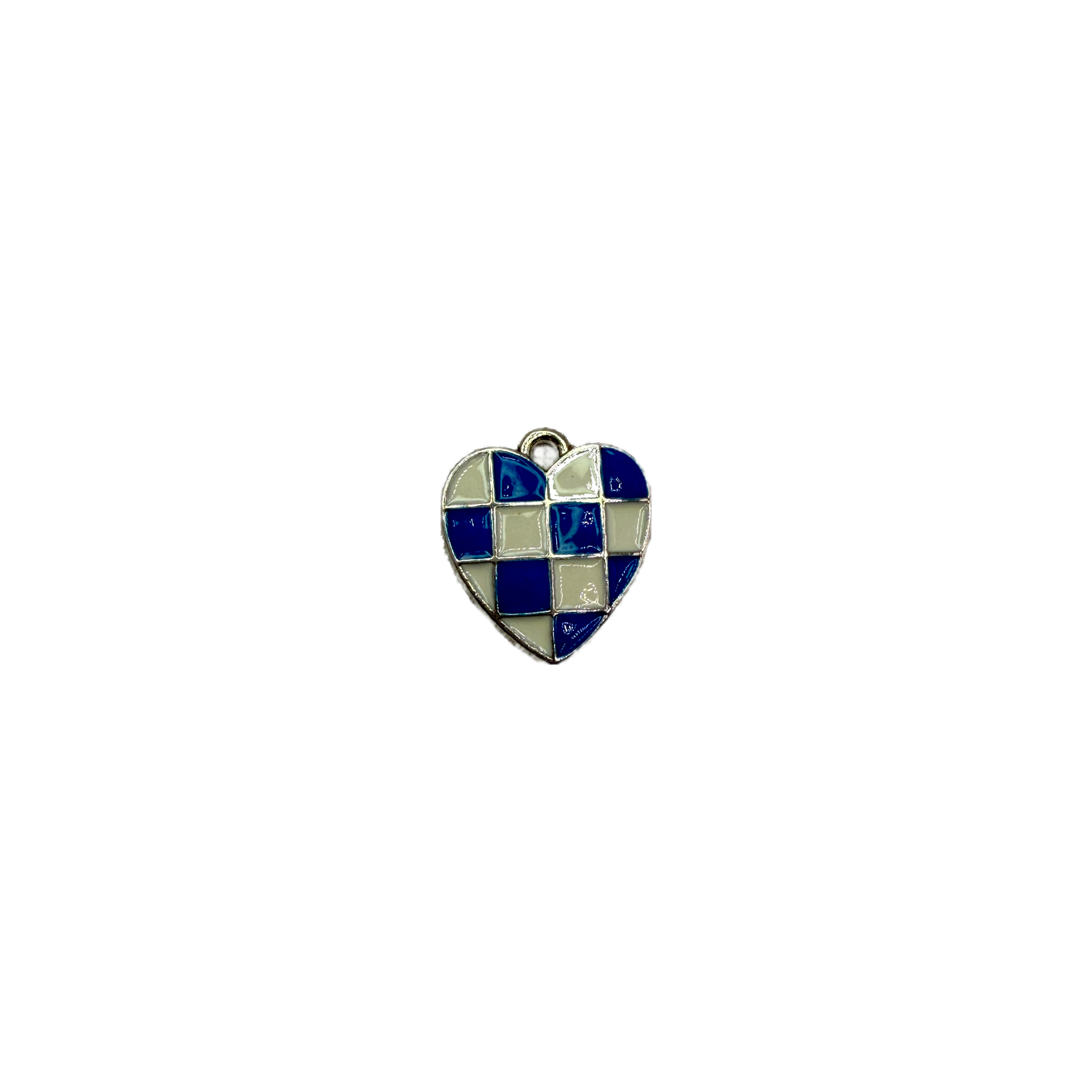 Cobalt blue and ivory checkerboard heart in silver-tone