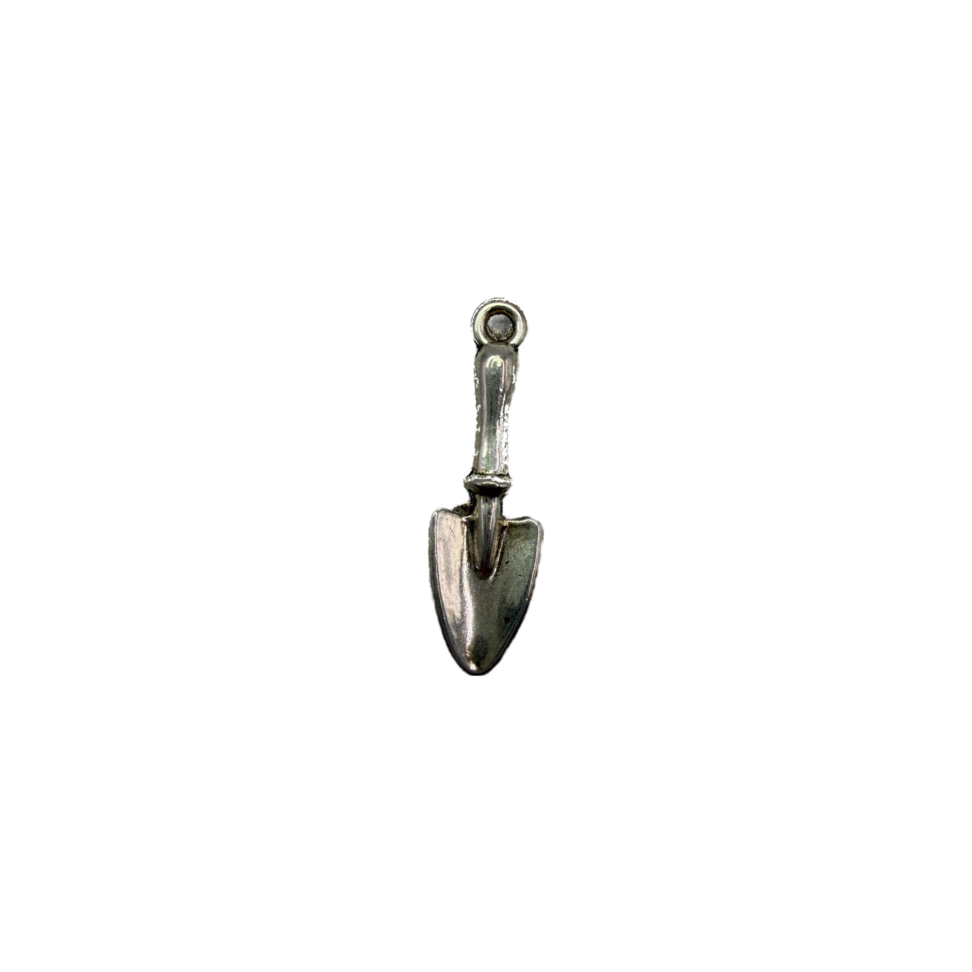 Polished silver garden trowel charm with aged patina