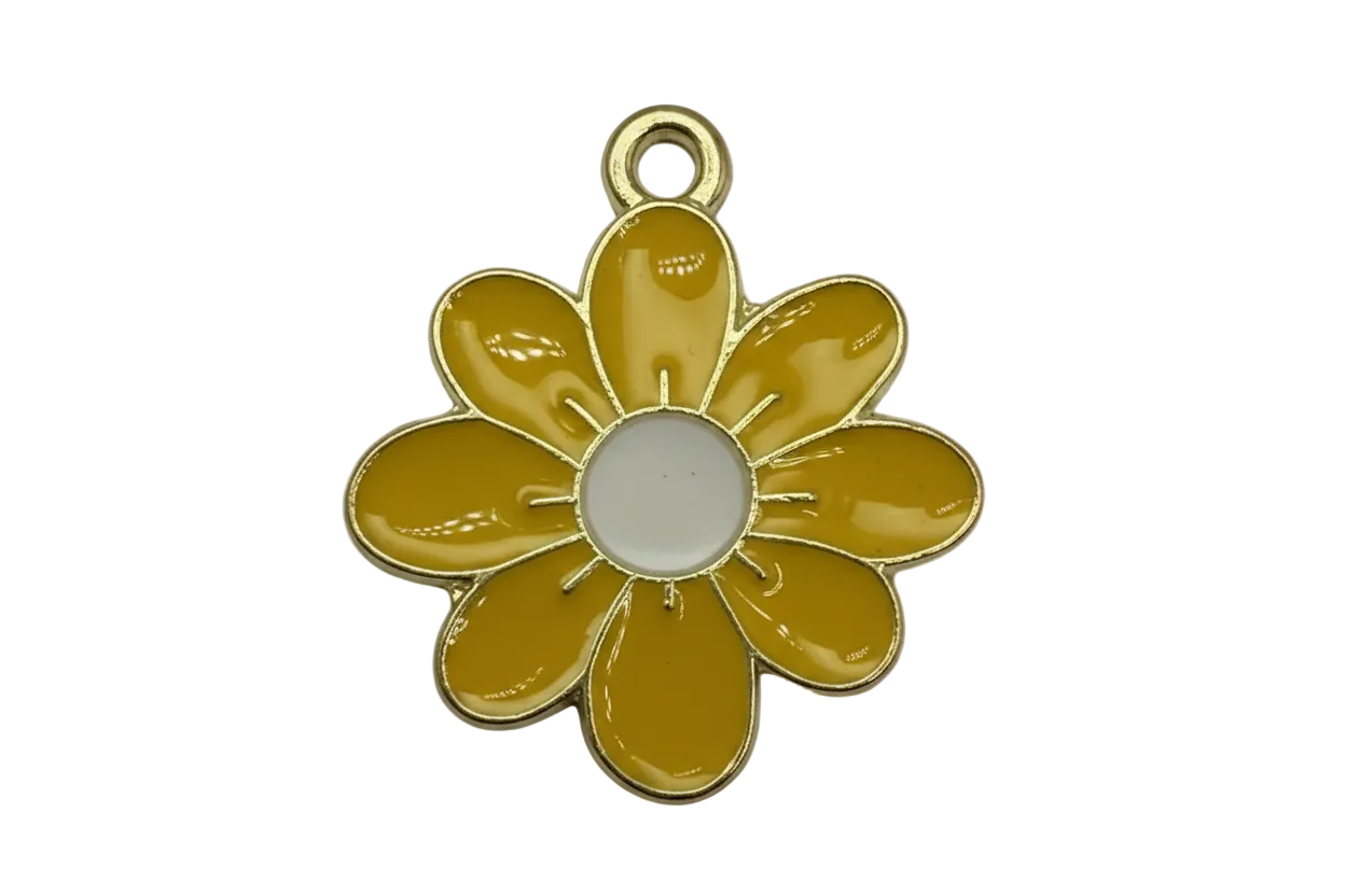 Glossy yellow daisy flower charm with white center and gold outline
