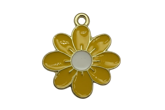 Glossy yellow daisy flower charm with white center and gold outline