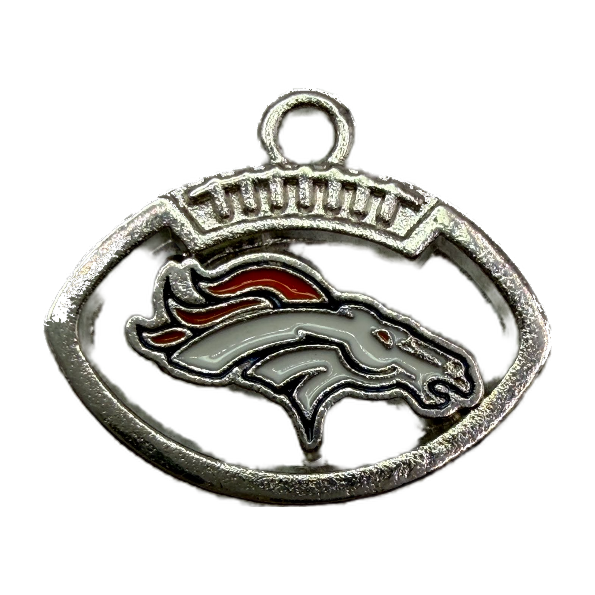 Silver oval horse head emblem with white enamel, orange mane, and arched lettering detail