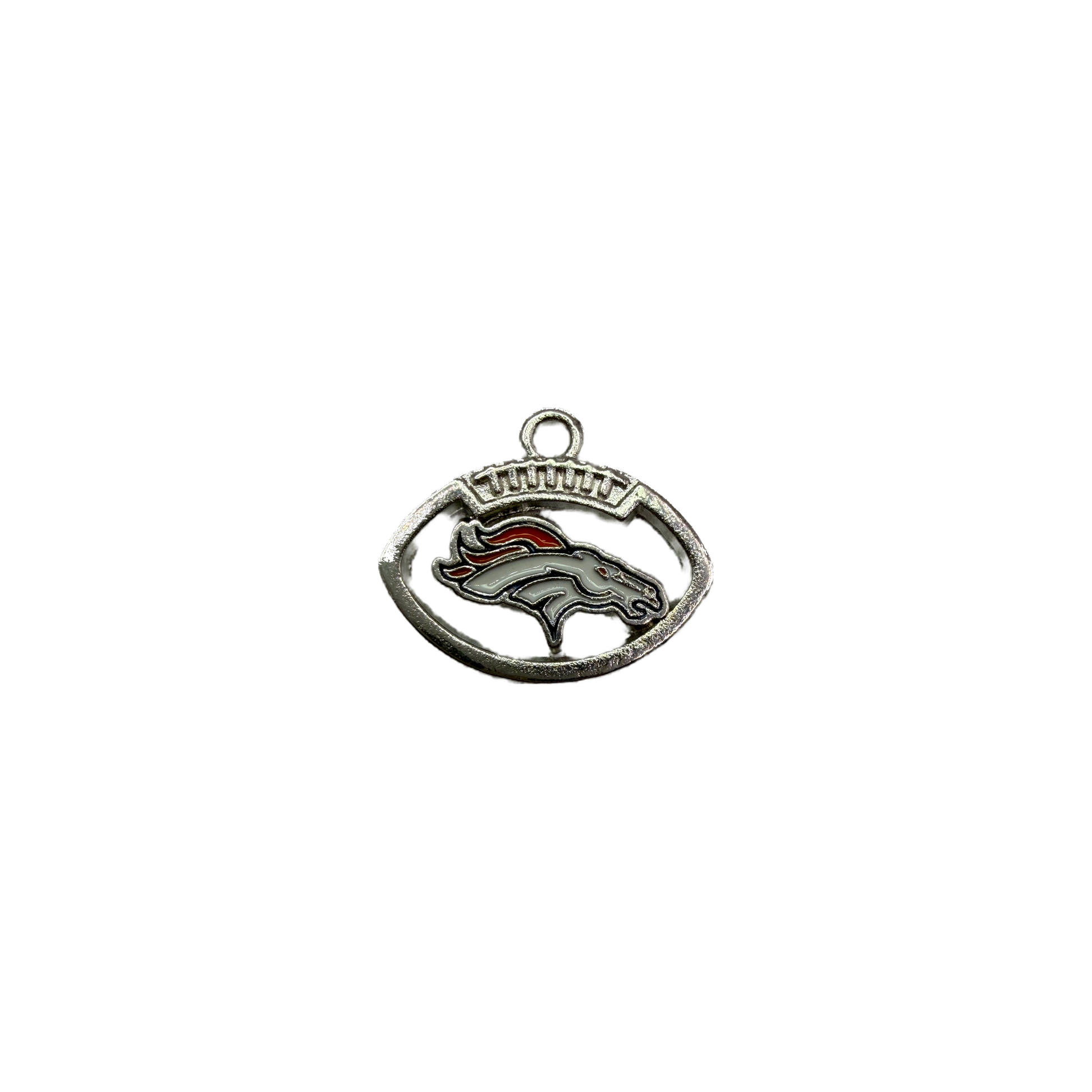Silver oval horse head emblem with white enamel and orange mane