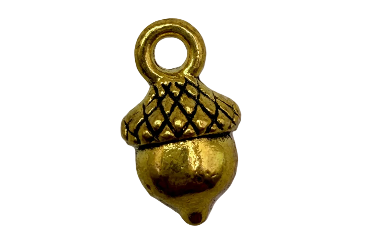 Gold acorn charm with textured cap and black crosshatch detail