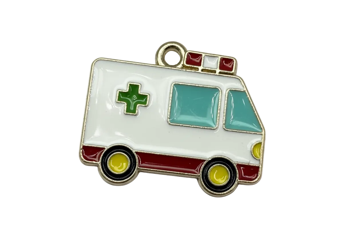 Glossy enamel ambulance van with green cross, red stripe, aqua windows, and gold outline