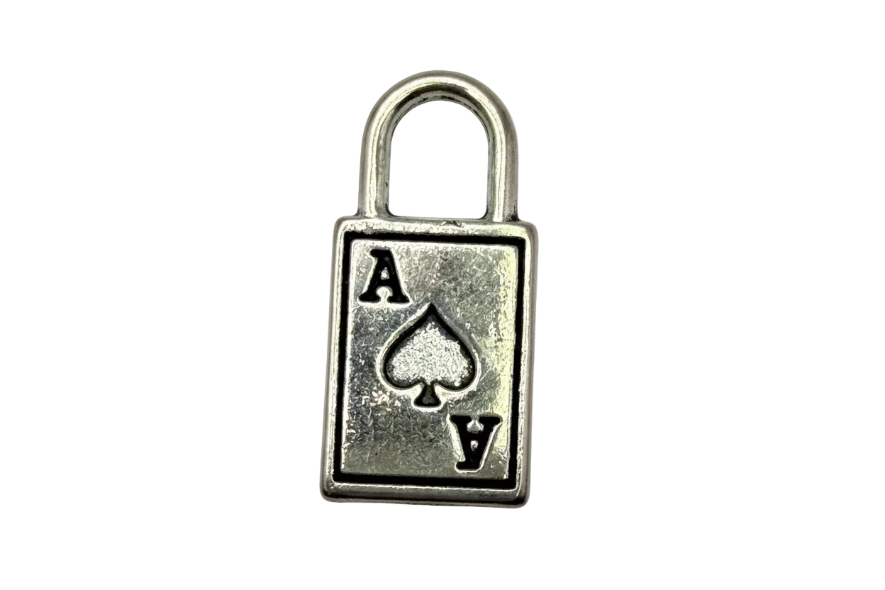 Antiqued silver padlock charm with ace spade symbol and black recessed details