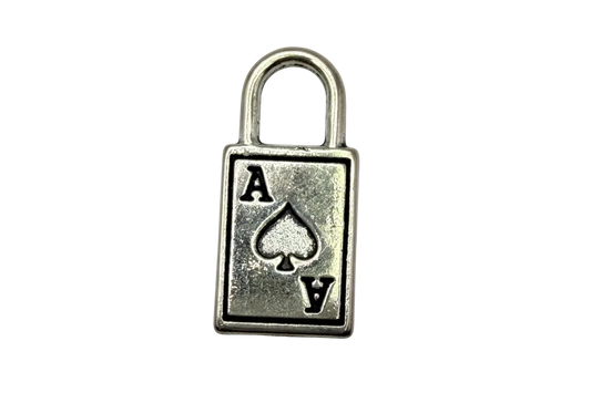 Antiqued silver padlock charm with ace spade symbol and black recessed details
