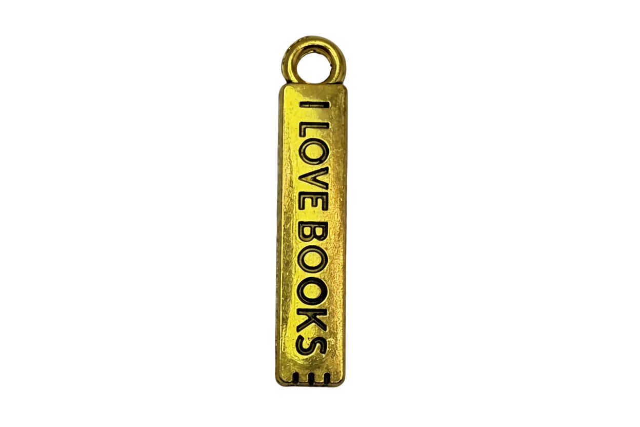 Gold rectangular bar tag with black lettering reading “I LOVE BOOKS”