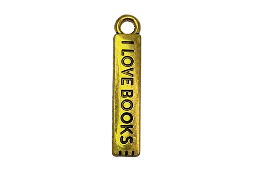 Gold rectangular bar tag with black lettering reading “I LOVE BOOKS”