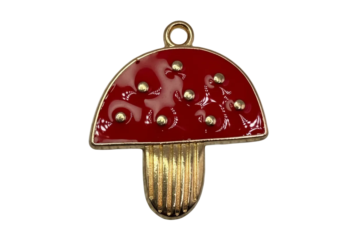 Glossy red mushroom charm with raised gold dots and textured gold stem