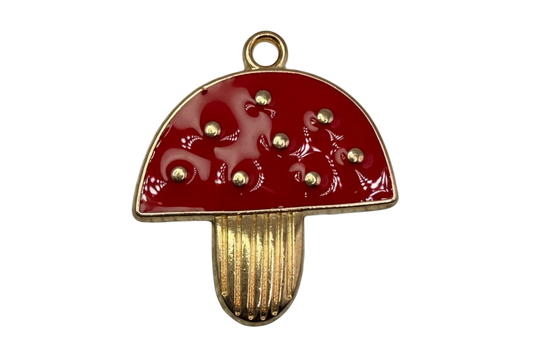 Glossy red mushroom charm with raised gold dots and textured gold stem