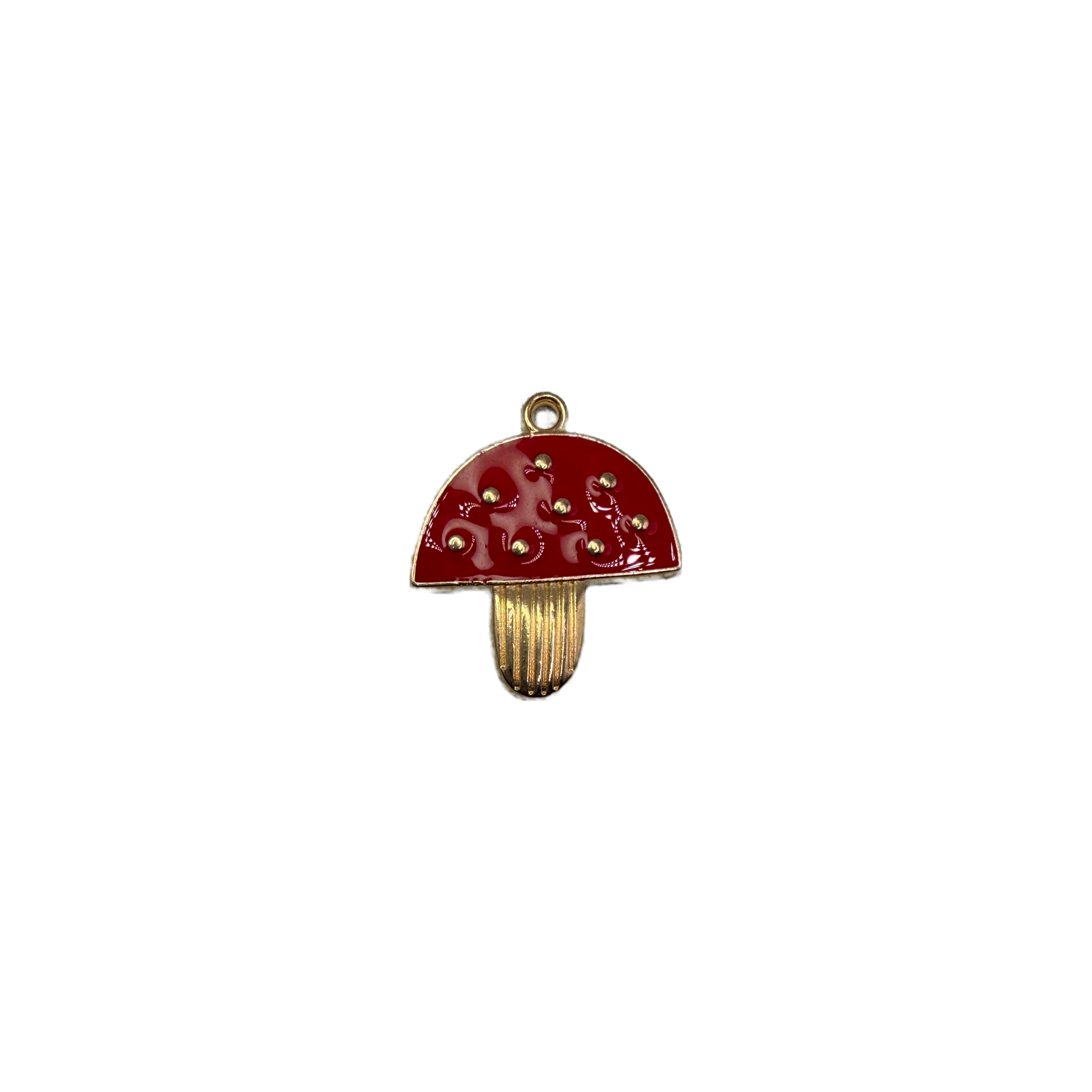 Red mushroom charm with raised gold dots and gold stem