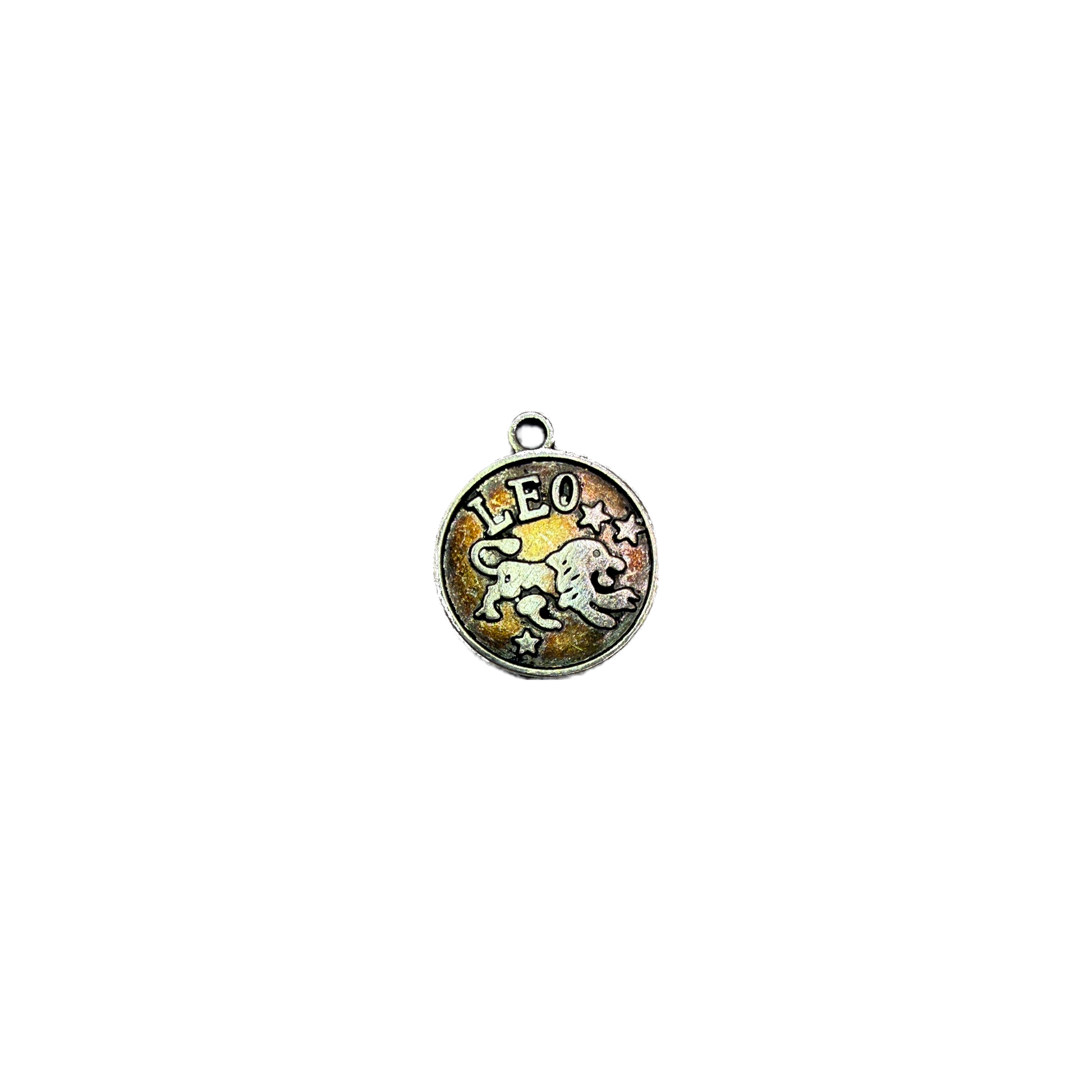 Silver Leo zodiac medallion with lion and stars on amber enamel