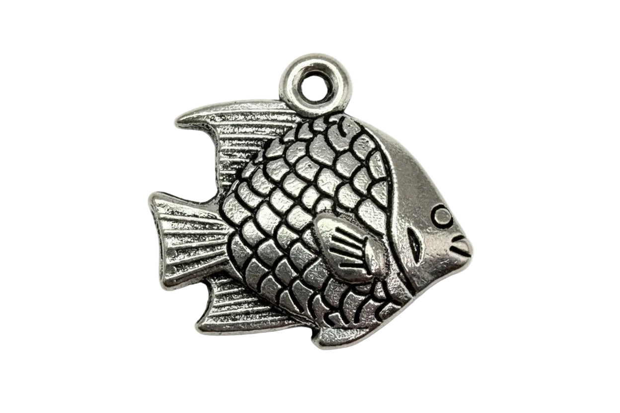 Antique silver fish charm with raised scale texture and engraved fin details