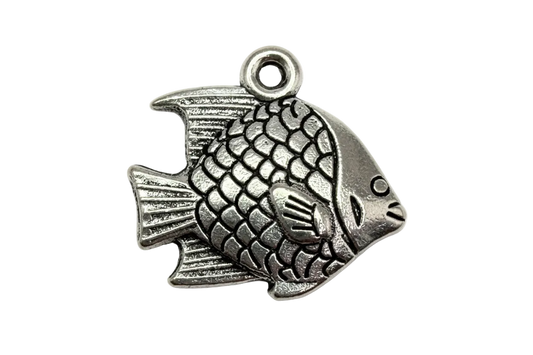 Antique silver fish charm with raised scale texture and engraved fin details