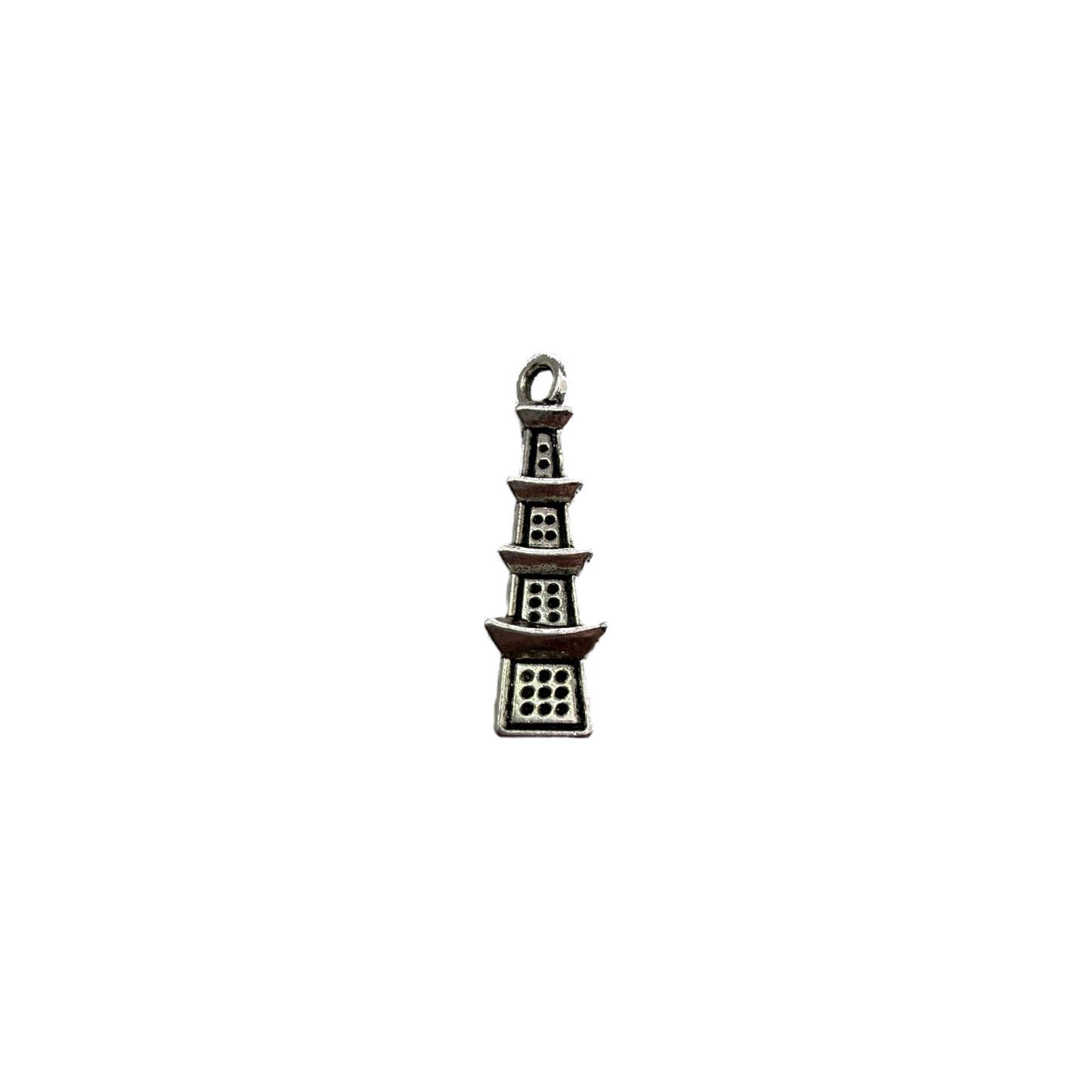 Antiqued silver pagoda tower with tiered roof details