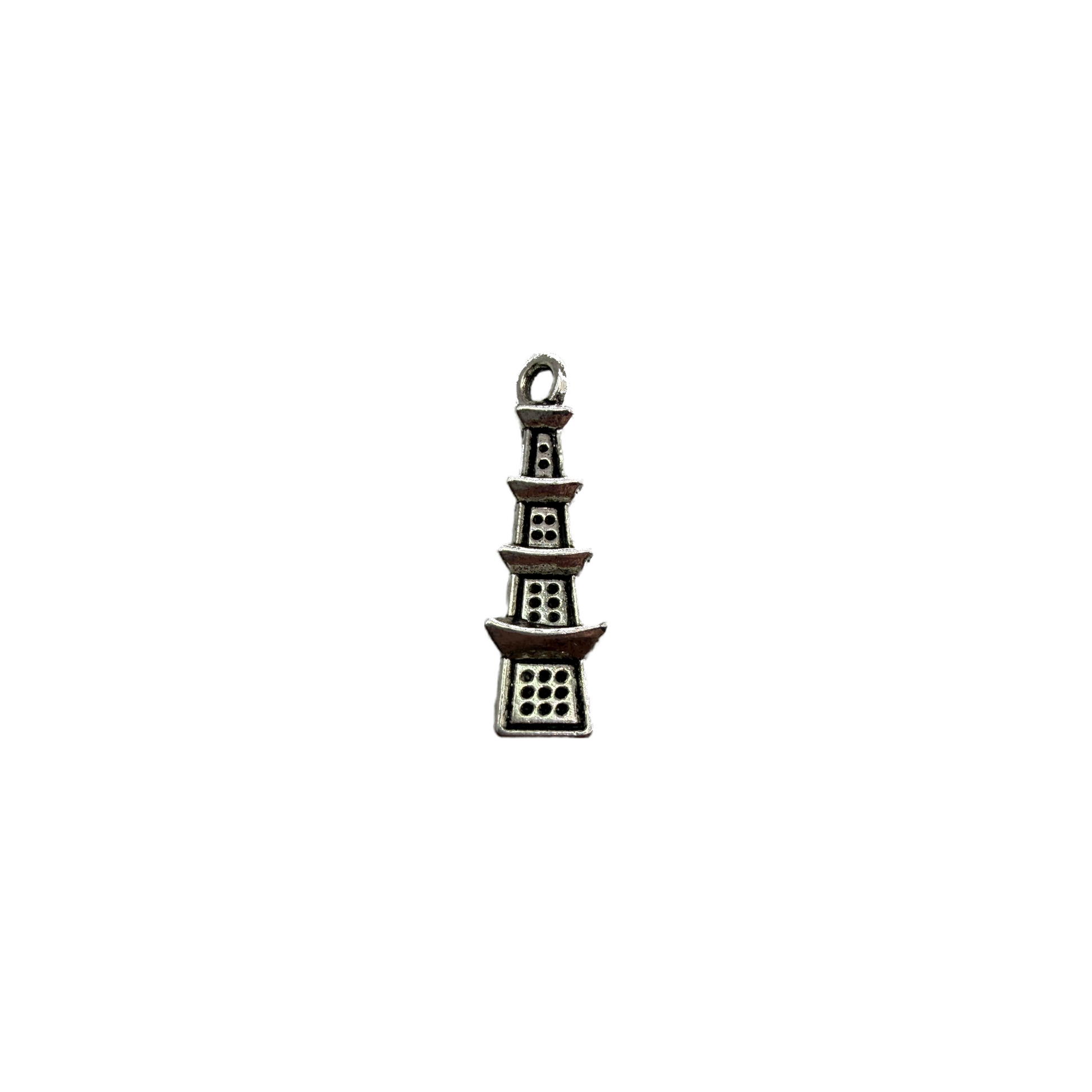 Antiqued silver pagoda tower with tiered roof details