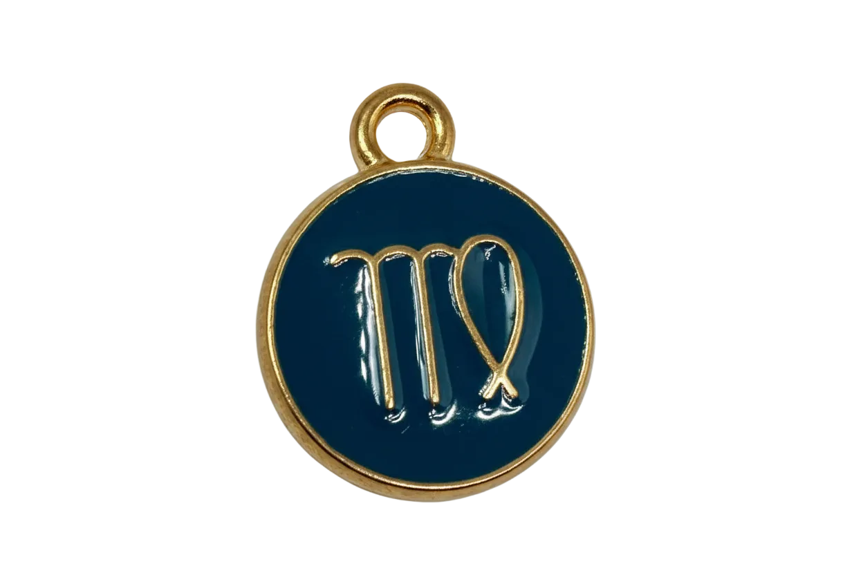 Round navy enamel Virgo zodiac medallion with gold outline