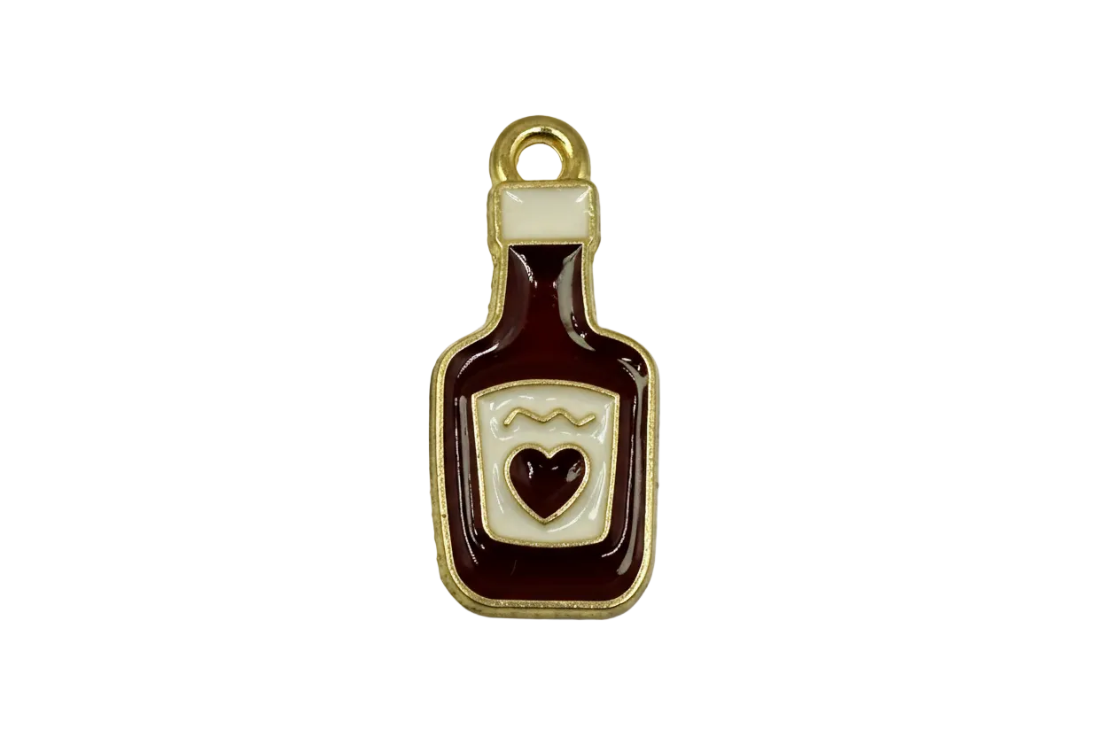 Gold-trimmed burgundy bottle charm with ivory label and small heart detail