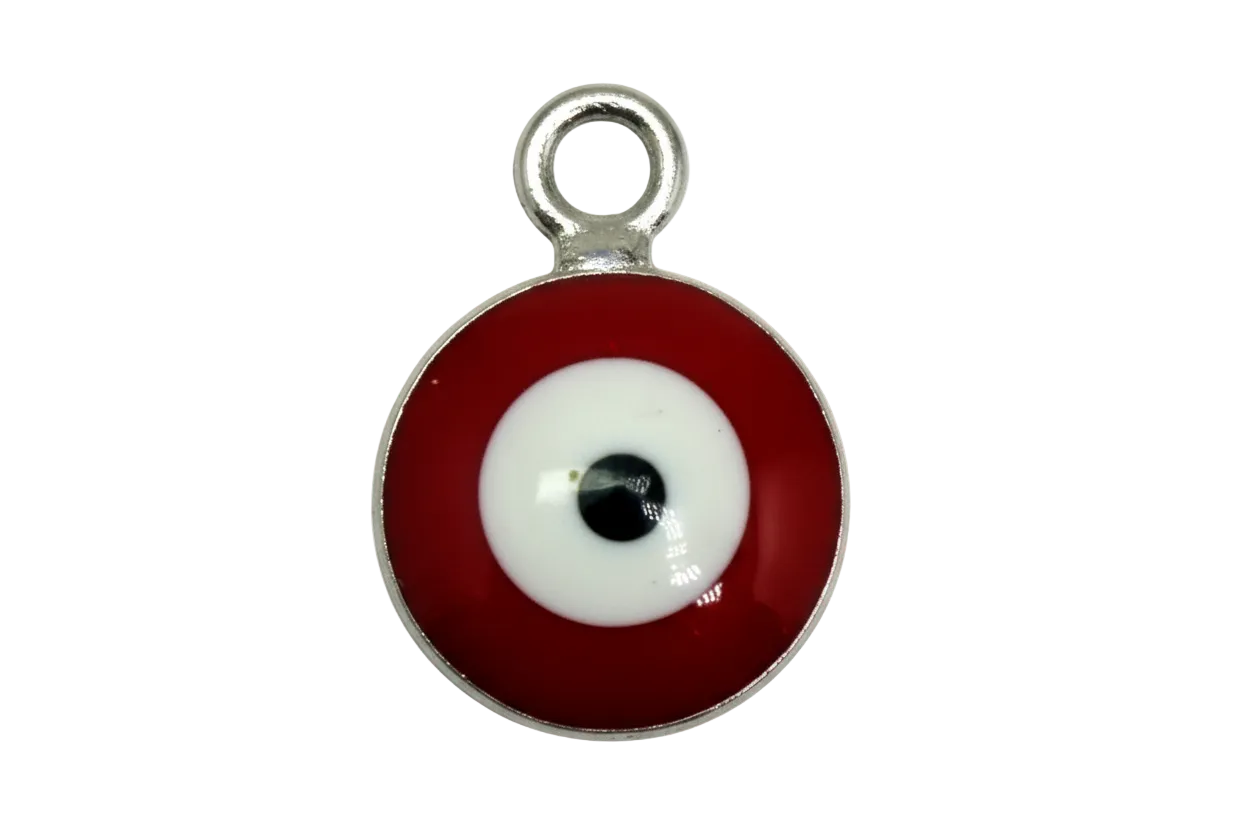 Glossy red and white evil eye disc with black center in silver-tone frame