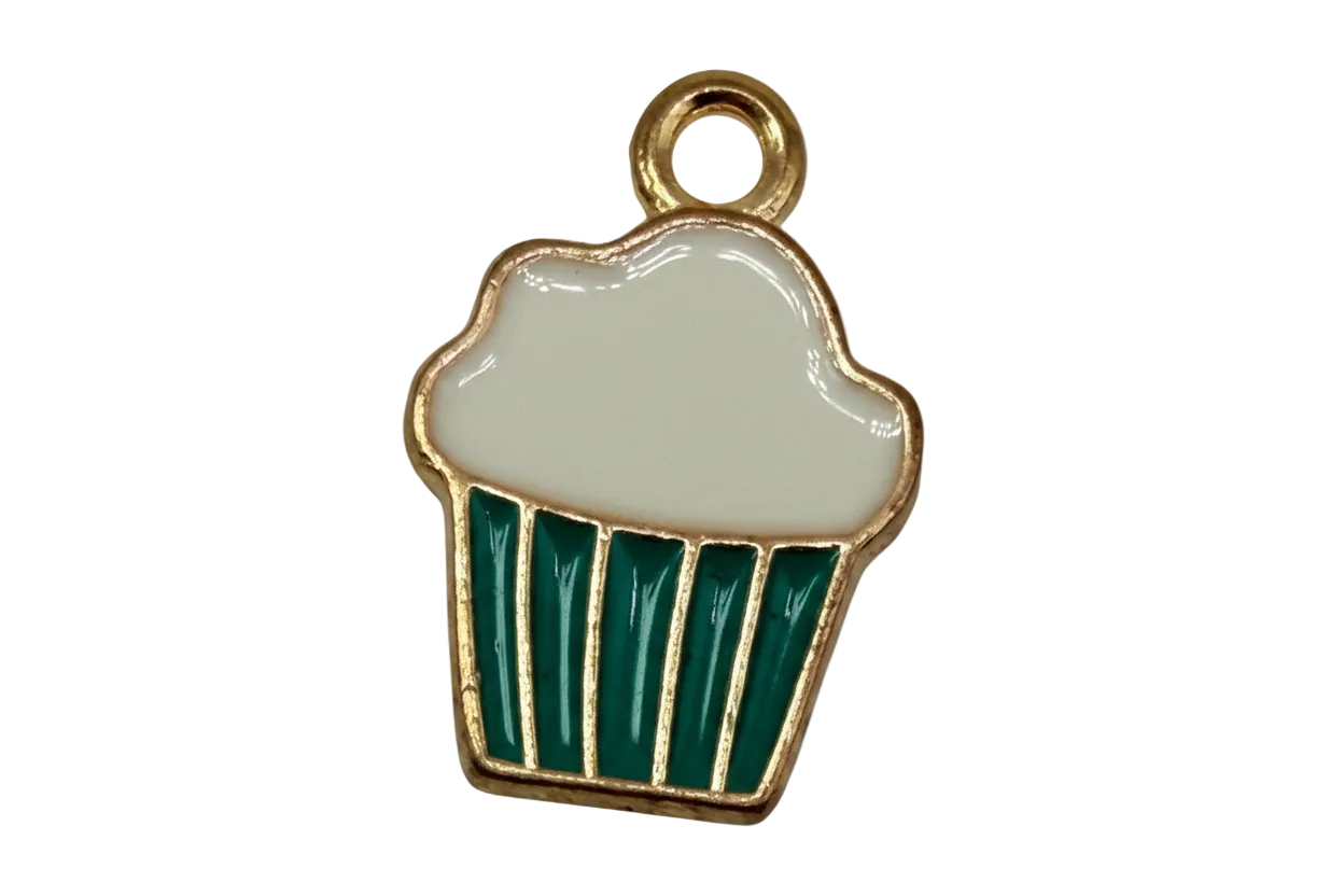 Gold-toned frosted cupcake charm with white enamel top and teal wrapper