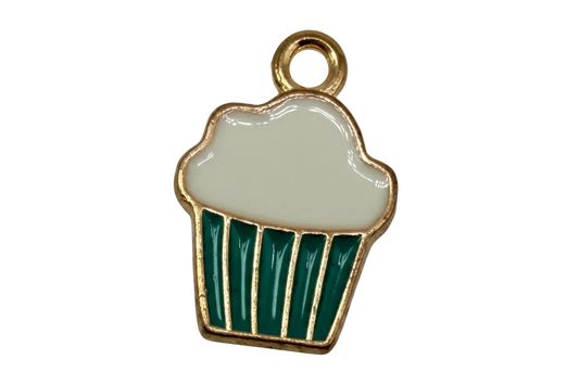 Gold-toned frosted cupcake charm with white enamel top and teal wrapper