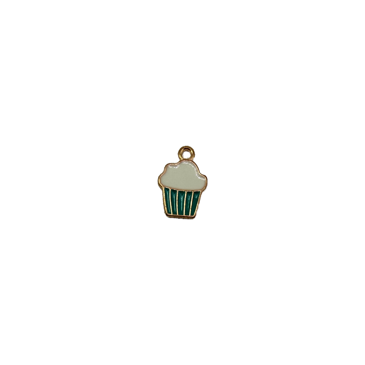 Frosted cupcake charm in white enamel with teal wrapper, gold-toned