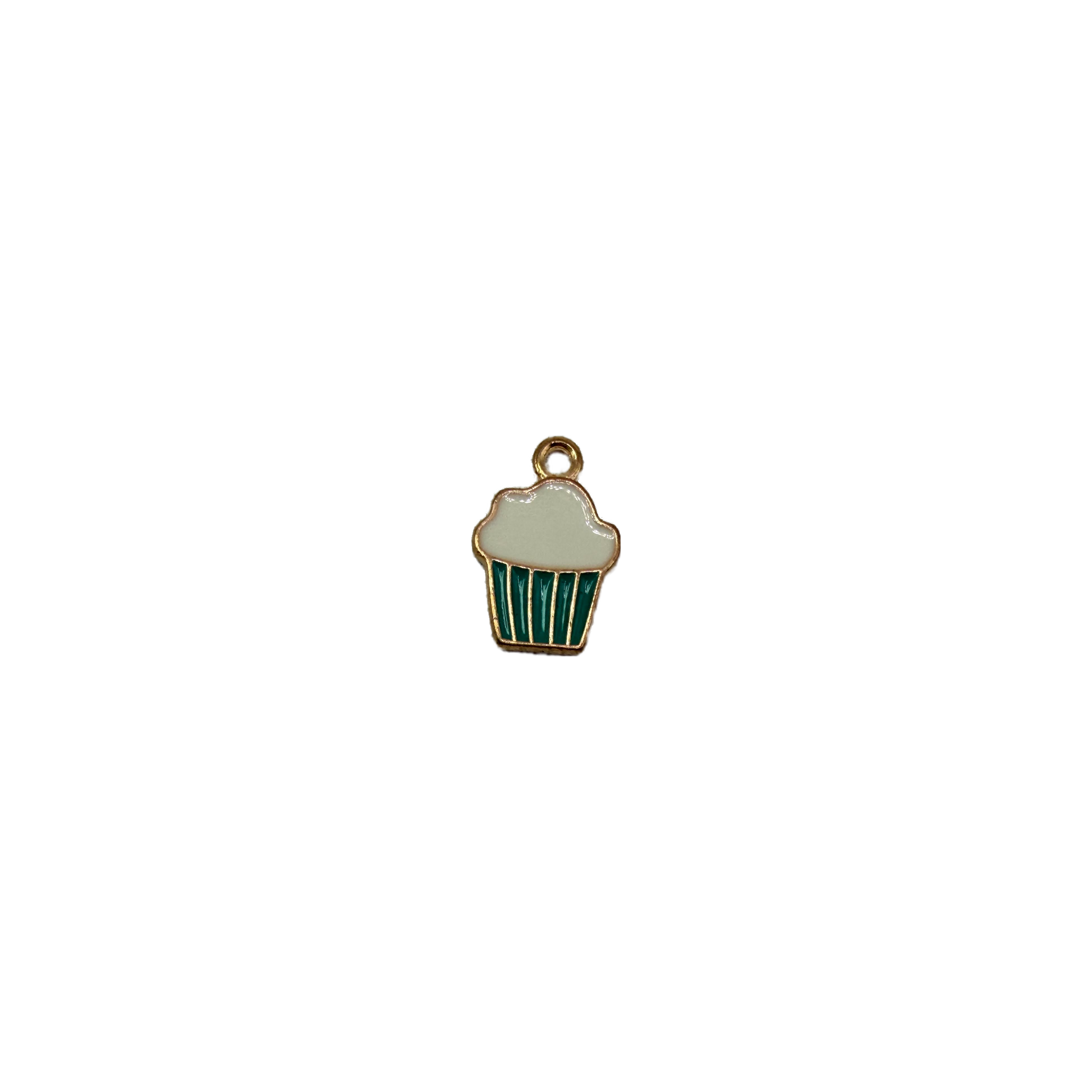 Frosted cupcake charm in white enamel with teal wrapper, gold-toned