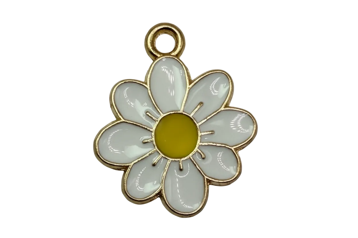 White daisy flower charm with yellow center and gold outline on black background