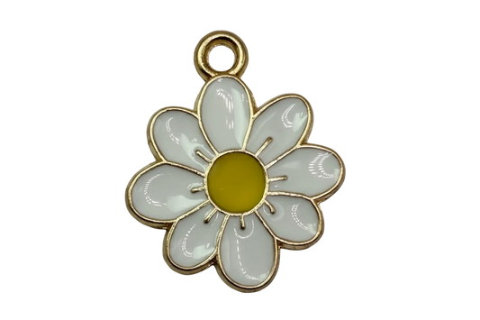 White daisy flower charm with yellow center and gold outline on black background