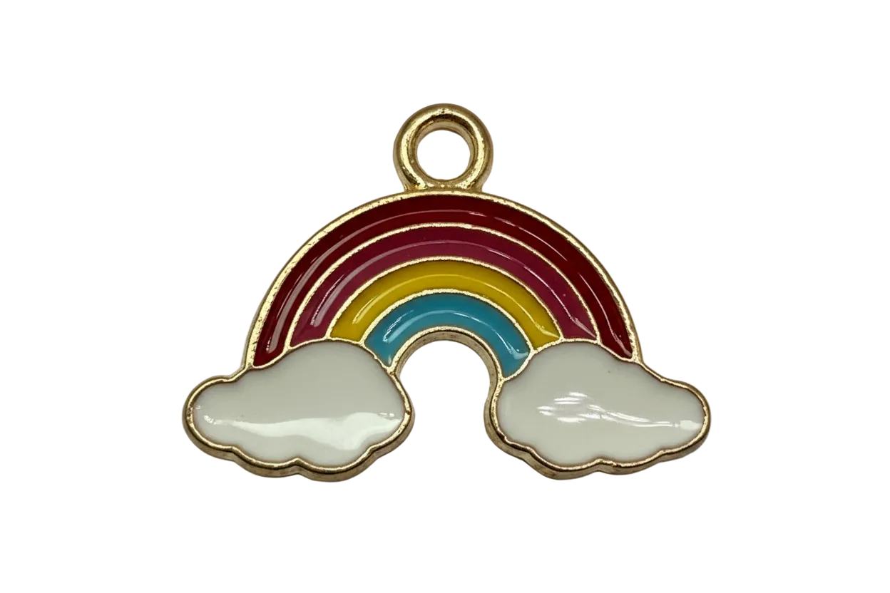 Gold-framed enamel rainbow with white clouds in red, yellow, and teal stripes