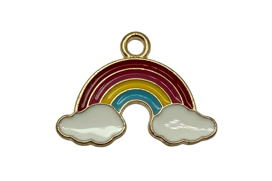 Gold-framed enamel rainbow with white clouds in red, yellow, and teal stripes