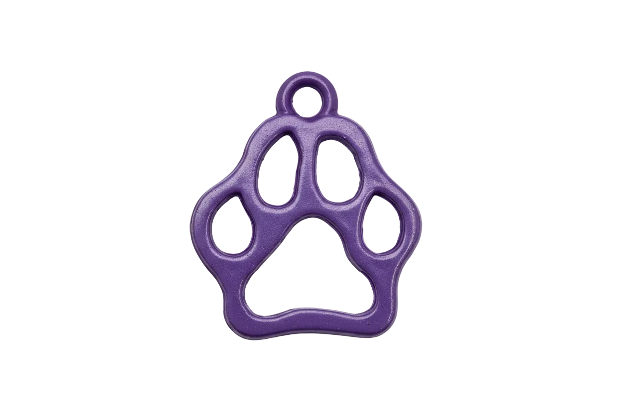 Glossy purple paw print silhouette charm with cutout details