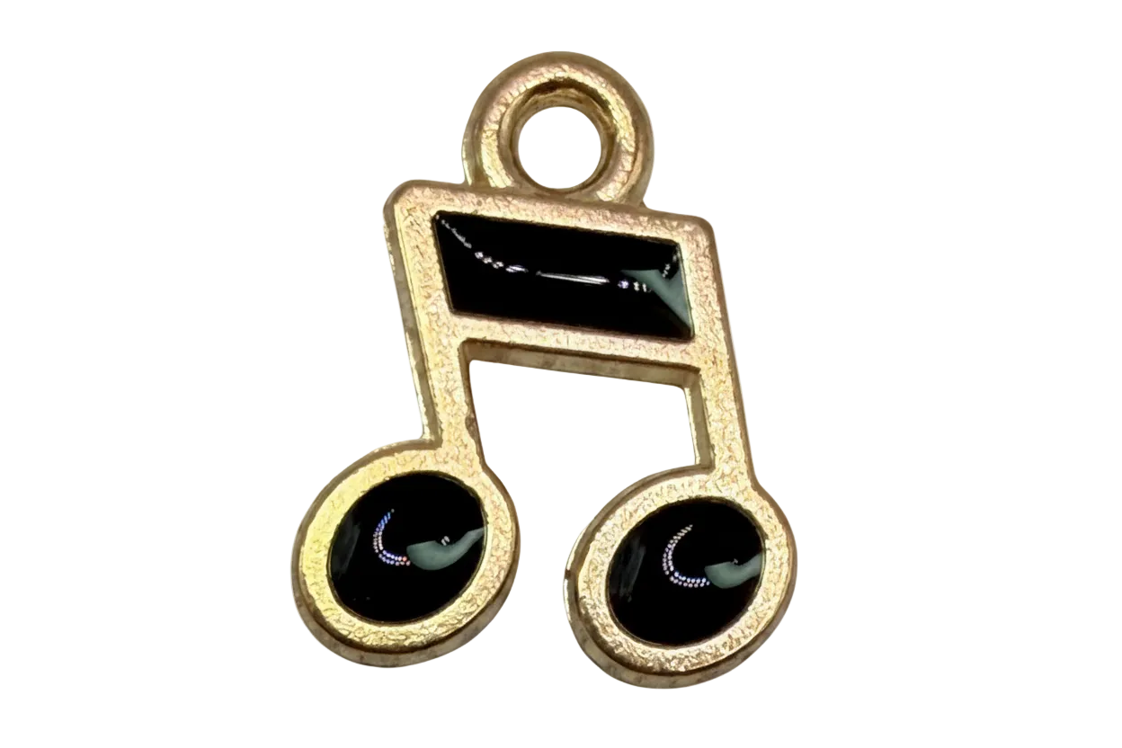 Gold musical note charm with glossy black enamel fill